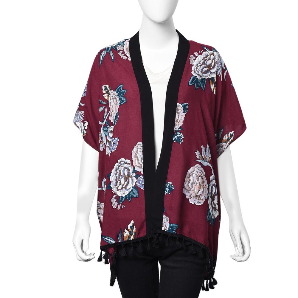 Burgundy Floral Pattern Kimono